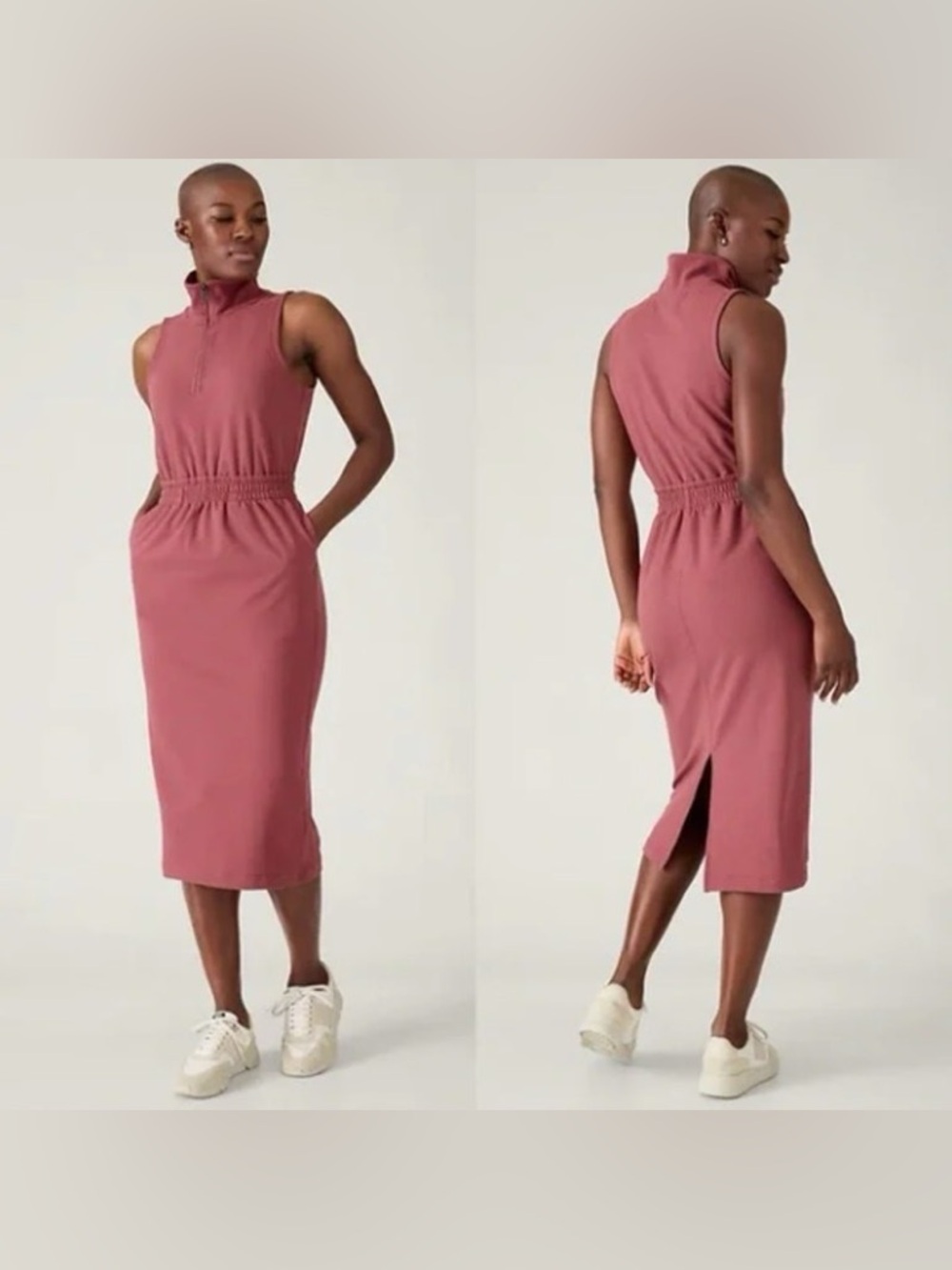 Athleta Retroterry Dress Sleeveless‎ Mock-Neck Midi Dress in Dusty Rose